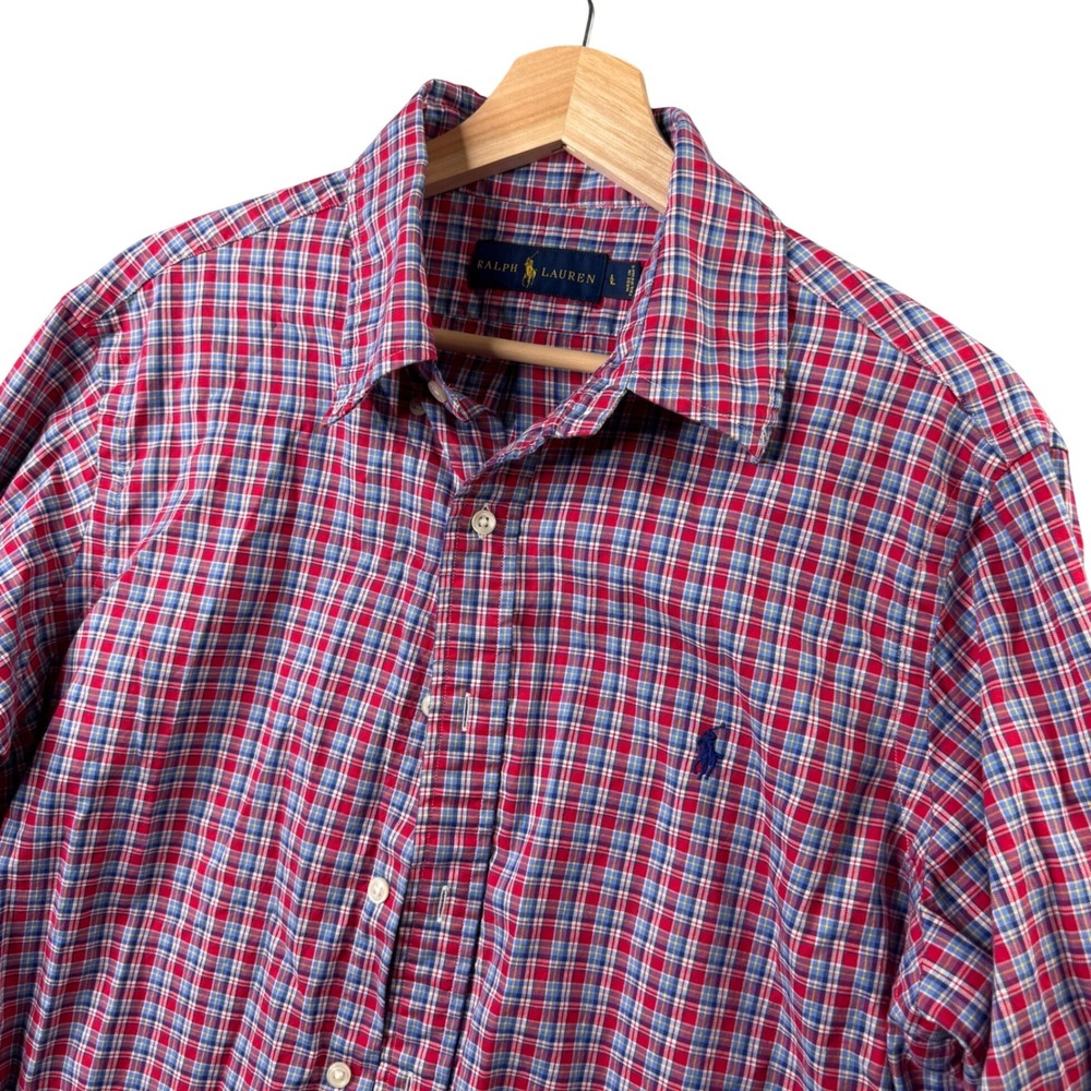 Ralph Lauren‎ Mens Large Red Blue Plaid Long Sleeve Button Down Cotton Shirt L